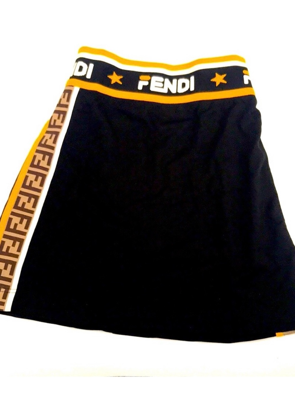 Fendi Black Mini Skirt with Yellow Logo Waistband and Brown FF Stripe